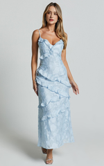 Jacquard Ruffle Tiered Midi Slip Dress in Light Blue