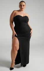 Panelled Thigh Split Strapless Maxi Dress in Black