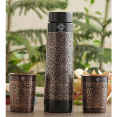 Indian Art Villa Antique Finished Embossed Design Drinkware Gift Set of Copper Pyramid Shape Bottle & Copper Glass