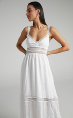 Angelique Maxi Dress – White Lace Trimmed Tiered Maxi with Textured Finish