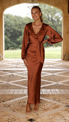 Ivy Long Sleeve Tie Front Maxi Dress - Rust