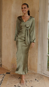 Ivy Long Sleeve Tie Front Maxi Dress - Olive