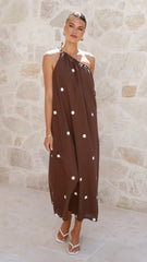 Nasira One Shoulder Maxi Dress - Chocolate / White Polka Dot