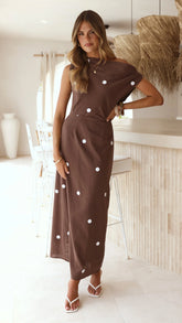 Aurra Off Shoulder Maxi Dress - Brown/White Polka
