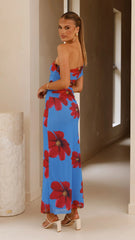 Eisa One Shoulder Maxi Dress - Blue / Red Floral