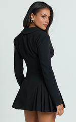 Bea Mini Dress – Elegant Collared Fit-and-Flare Pleated Dress with Long Sleeves in Classic Black