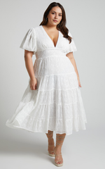 Divora Midi Dress – Ivory Tiered A-Line Dress with Plunge Neck & Balloon Sleeves