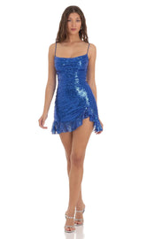 Sequin Cowl Neck Dress in Blue