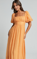 Roshina Midi Dress – Puff Sleeve Straight Neck Dress in Vibrant Orange