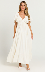 Lyrad Midi Dress β White Linen-Feel Empire Waist Textured Dress