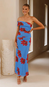 Eisa One Shoulder Maxi Dress - Blue / Red Floral