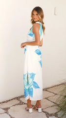 Maisy Shoulder Tie Midi Dress - Blue Teal