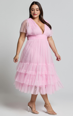 Flutter Sleeve Tulle Plunge Midi Dress in Ballet Pink