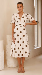 Alondra Midi Dress - White/Camel Polka