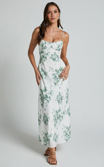 Bettina Midi Dress – Green & White Printed Slip Dress with Ruched Bust & Strappy Detail
