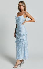 Jacquard Ruffle Tiered Midi Slip Dress in Light Blue