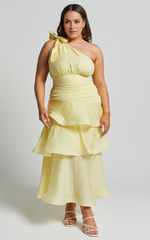 Eugenia Midi Dress – Yellow One-Shoulder Layered Fit & Flare Dress