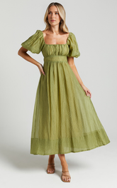 Roshina Midi Dress – Olive Straight Neck Puff Sleeve Dress