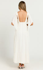 Lyrad Midi Dress β White Linen-Feel Empire Waist Textured Dress