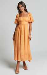 Roshina Midi Dress – Puff Sleeve Straight Neck Dress in Vibrant Orange
