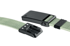 Green webbing belt with black buckle on a white background