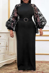Elegant Contrast Lace Lantern Sleeve Dress-DESTINY