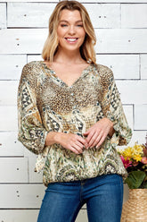 Figueroa & Flower 3/4 Sleeve Animal Print Peasant Blouse - DressbarnShirts & Blouses