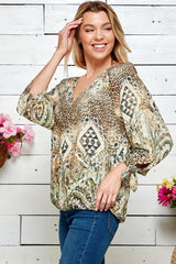 Figueroa & Flower 3/4 Sleeve Animal Print Peasant Blouse - DressbarnShirts & Blouses