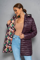 Geaca lunga FLOWER cu doua fete - Mov Pruna - Geaca Groasa -B WEAR RO