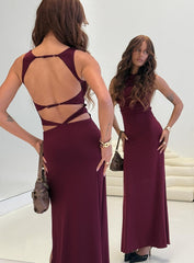 back view of model wearing Princess Polly Undeniable Cut Out Maxi Dress Plum Crew Neck 