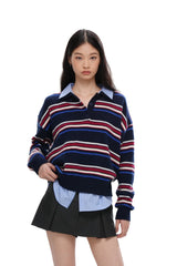 PREPPY STRIPED POLO SHIRT COLLAR SWEATER