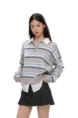 PREPPY STRIPED POLO SHIRT COLLAR SWEATER