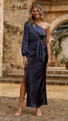Eden One Shoulder Tie Front Maxi Dress - Navy