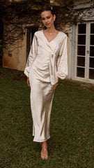 Ivy Long Sleeve Tie Front Maxi Dress - Champagne
