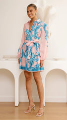 Lucia Long Sleeve Mini Dress - Aqua/Pink Print