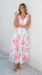 Reina Tiered Maxi Dress - Pink Floral