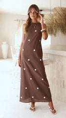 Vana Maxi Dress - Brown/White Polka