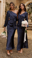 Eden One Shoulder Tie Front Maxi Dress - Navy