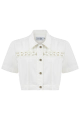 Örgü Detaylı Beyaz Denim Ceket