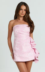 Laila Mini Dress – Pink Jacquard Strapless A-Line Party Dress
