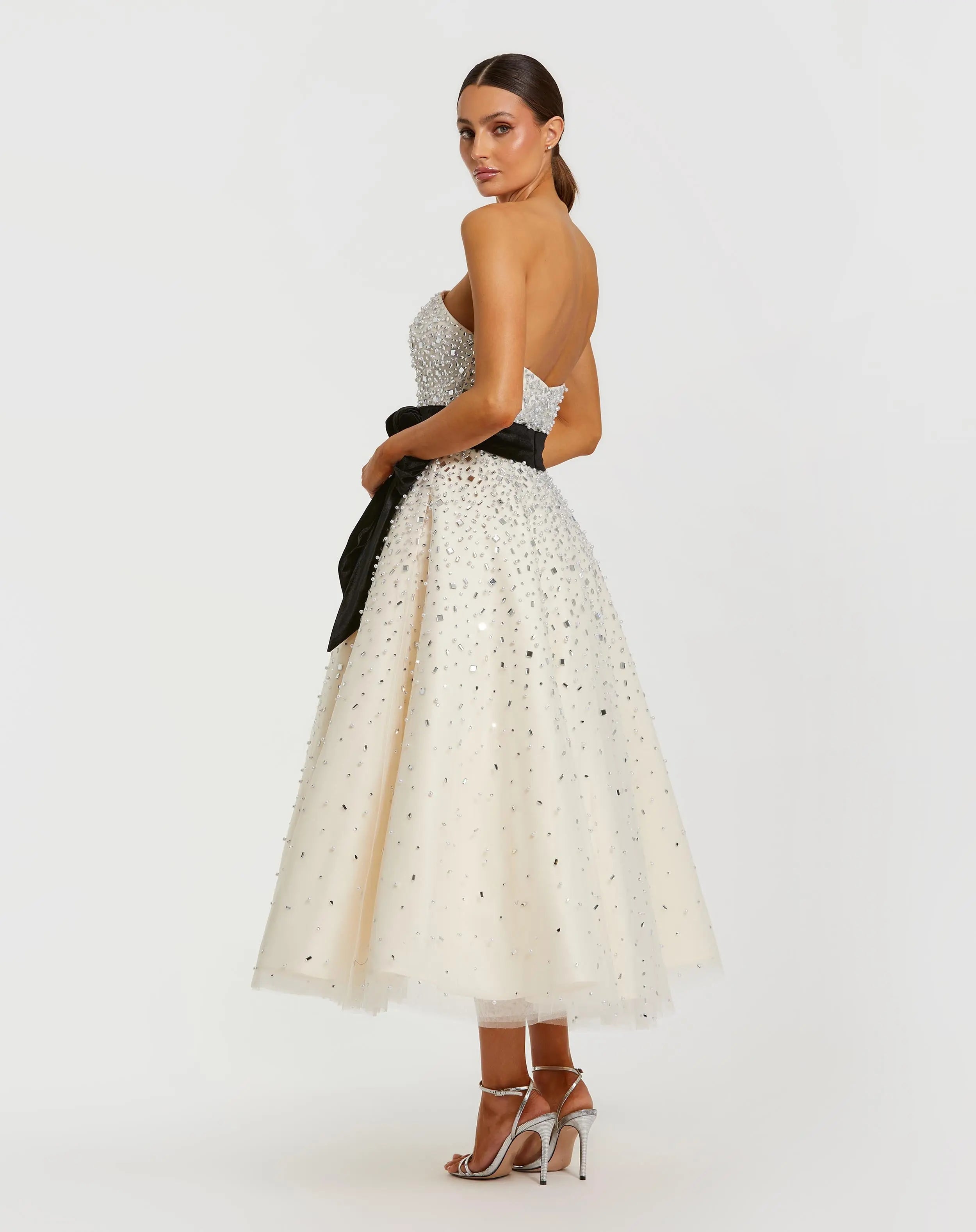 White Strapless Beaded Tulle A Line Midi Dress With Bow - Mac Duggal