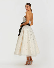 White Strapless Beaded Tulle A Line Midi Dress With Bow - Mac Duggal
