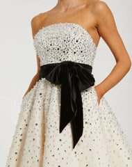 White Strapless Embellished Tulle A Line Midi Dress With Bow Mac Duggal