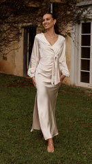 Ivy Long Sleeve Tie Front Maxi Dress - Champagne