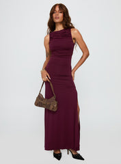 front view of model wearing Princess Polly Undeniable Cut Out Maxi Dress Plum Crew Neck 