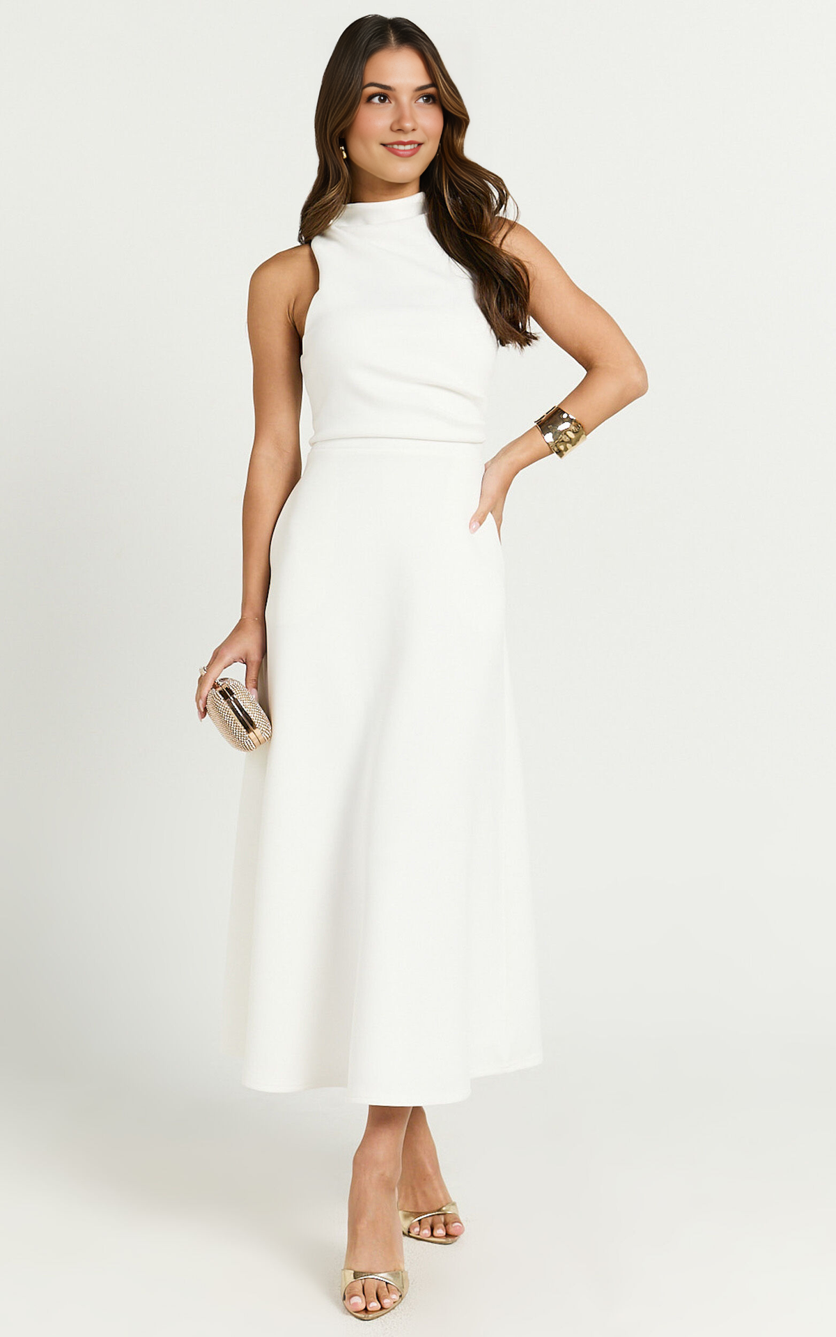 Macy Midi Dress – Sleeveless High-Neck A-Line Dress in Off White