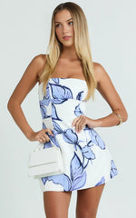 Catharine Mini Dress – Strapless A-Line Dress in Blue Floral Print