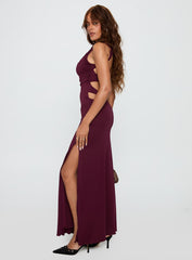 side view of model wearing Princess Polly Undeniable Cut Out Maxi Dress Plum Crew Neck 