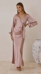 Ivy Long Sleeve Tie Front Maxi Dress - Dusty Pink