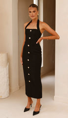 Tierra Button Midi Dress - Black